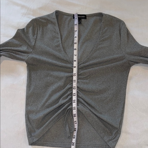 Streetwear Society Cropped Sweater Grey V-neck Ruched Drawstring Long Sleeve Top - Picture 7 of 10